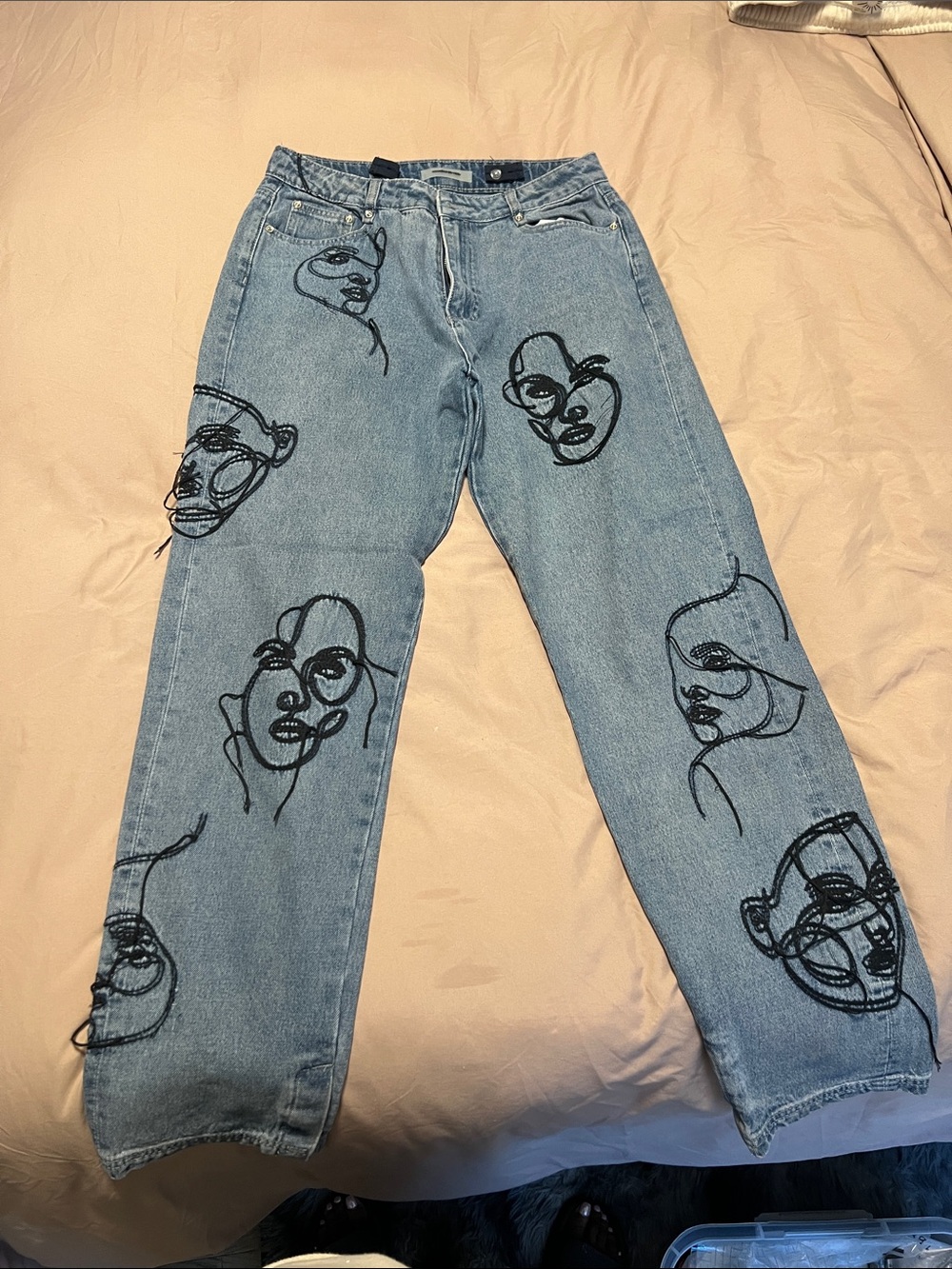 Manière De Voir Light Blue Denim Boyfriend Jeans with Black Embroidered Faces